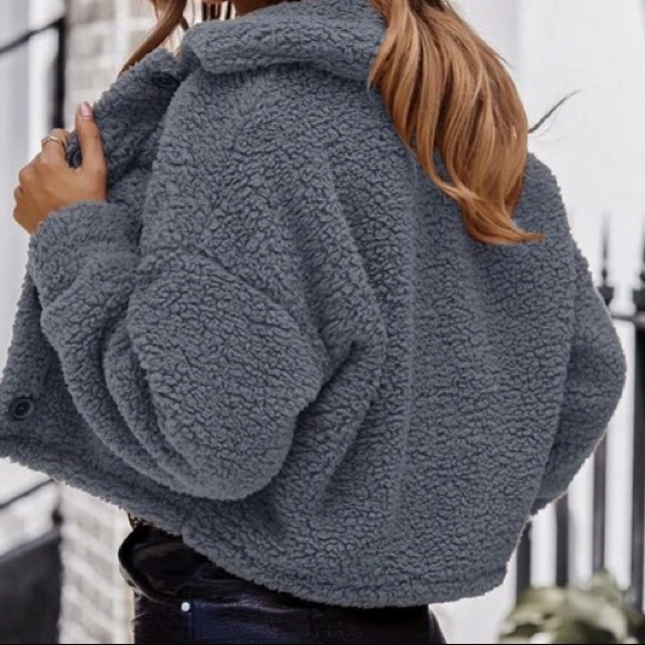 Dark Grey Flannel Pocket Teddy Jacket in M and L - Picture 2 of 3